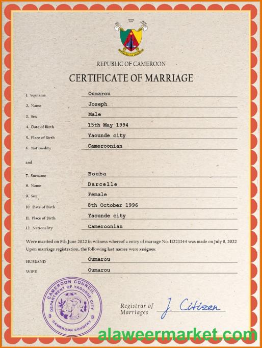 Cameroon marriage certificate PSD template
